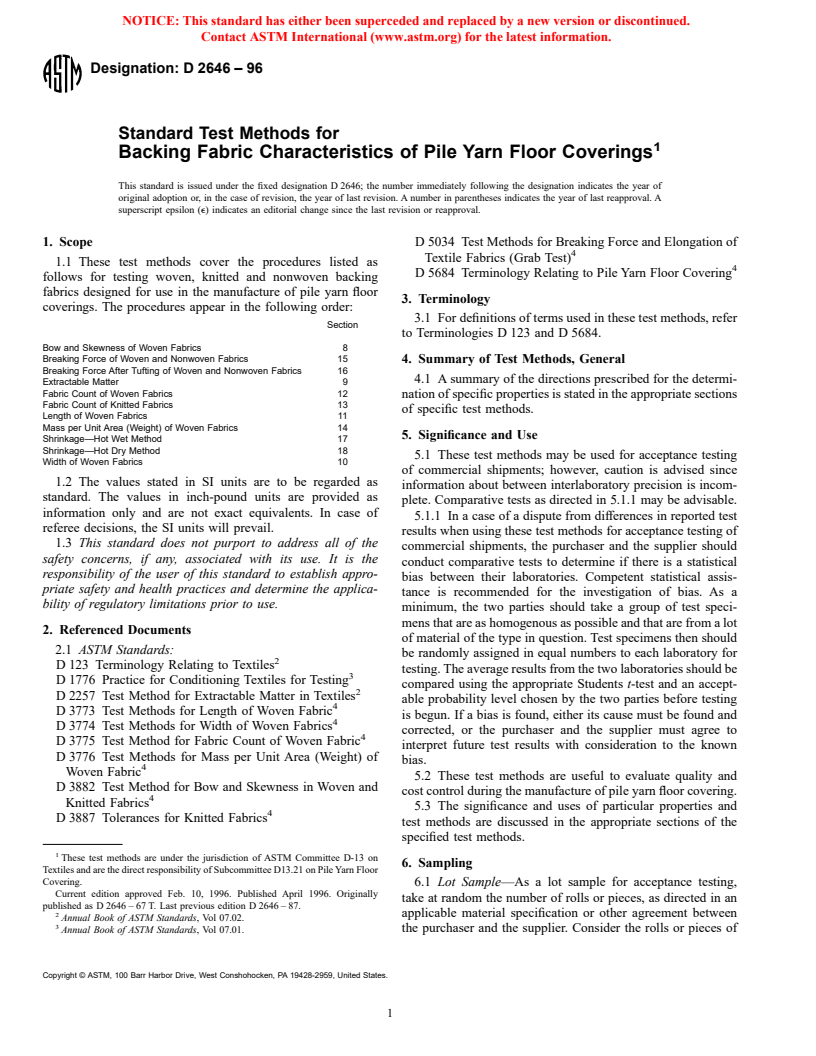 ASTM D2646-96 - Standard Test Methods for Backing Fabric Characteristics of Pile Yarn Floor Coverings