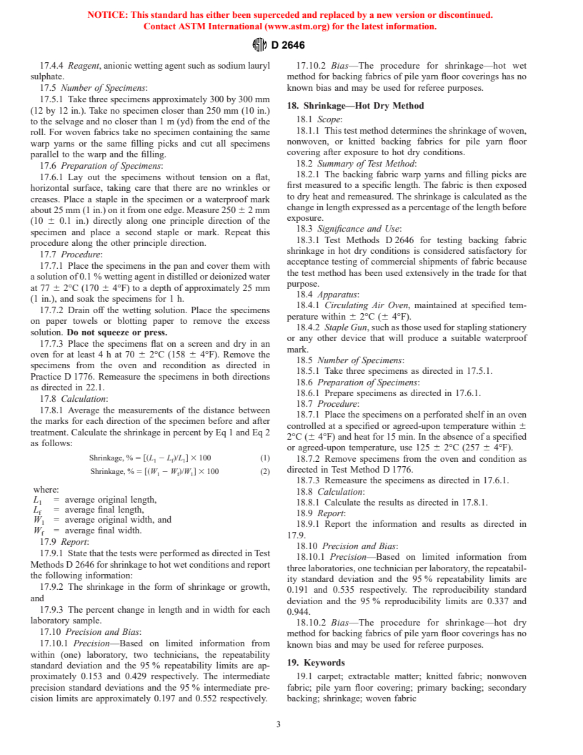 ASTM D2646-96 - Standard Test Methods for Backing Fabric Characteristics of Pile Yarn Floor Coverings