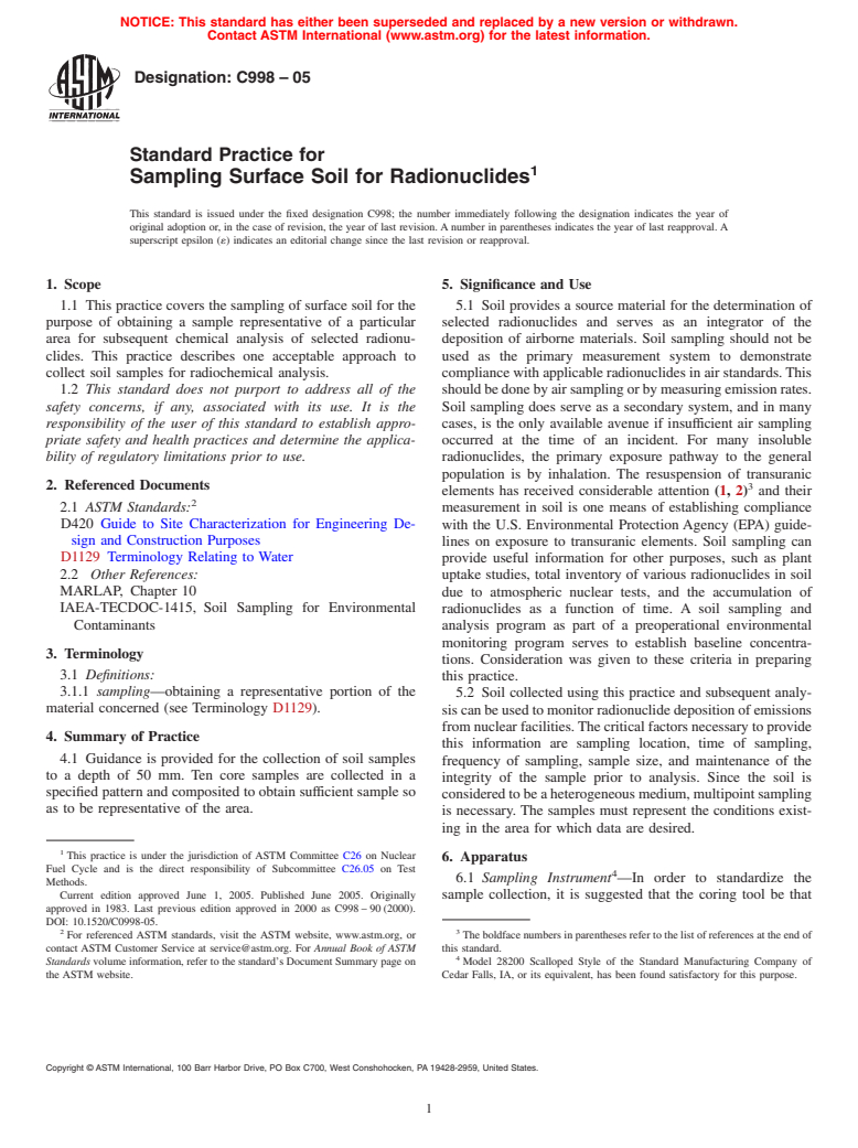 ASTM C998-05 - Standard Practice for Sampling Surface Soil for Radionuclides