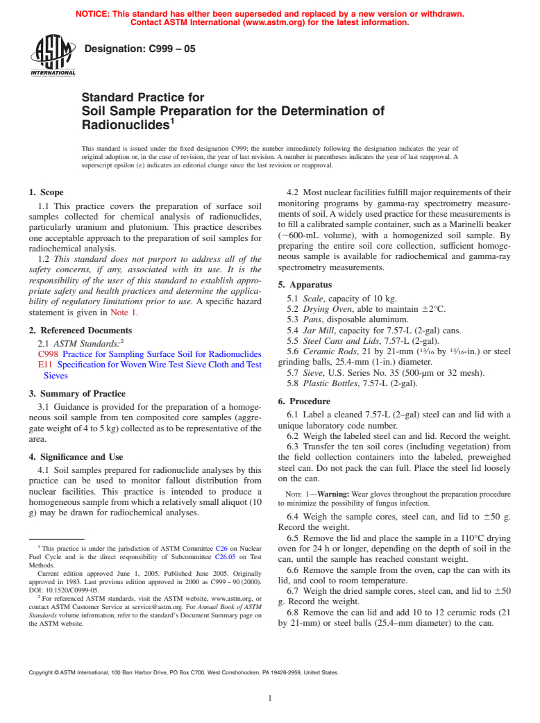 ASTM C999-05 - Standard Practice for Soil Sample Preparation for the Determination of Radionuclides