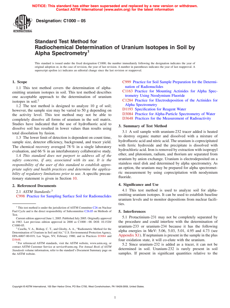 ASTM C1000-05 - Standard Test Method for Radiochemical Determination of Uranium Isotopes in Soil by Alpha Spectrometry