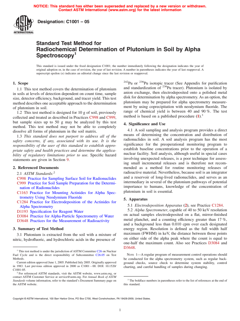 ASTM C1001-05 - Standard Test Method for Radiochemical Determination of Plutonium in Soil by Alpha Spectroscopy