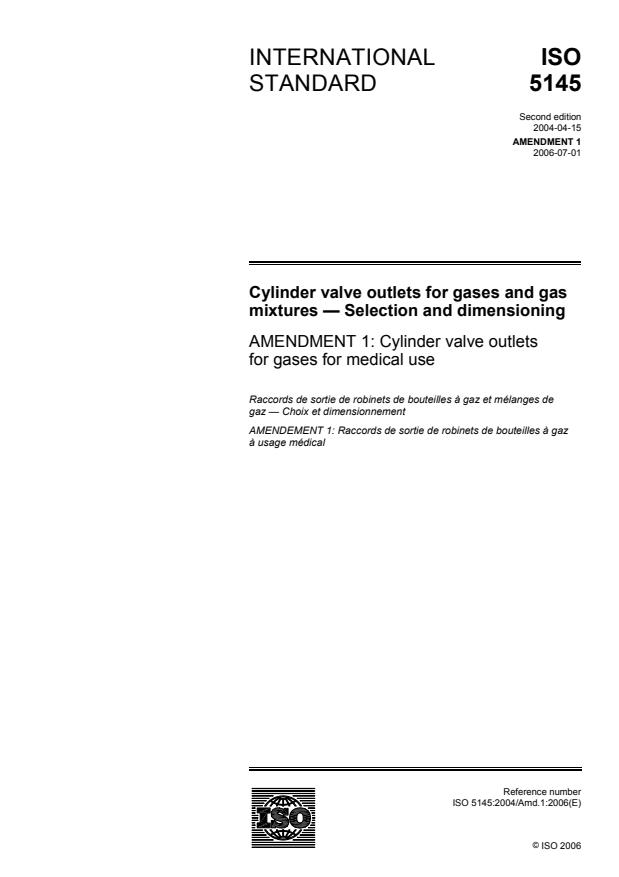 ISO 5145:2004/Amd 1:2006 - Cylinder valve outlets for gases for medical use