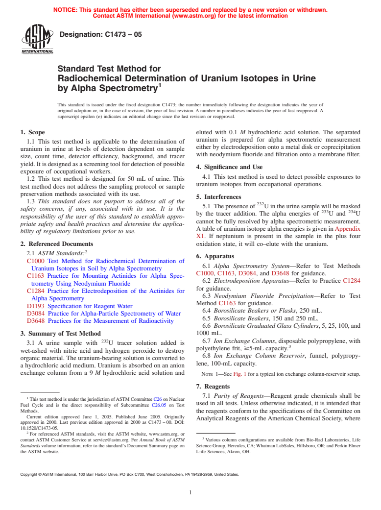 ASTM C1473-05 - Standard Test Method for Radiochemical Determination of Uranium Isotopes in Urine by Alpha Spectrometry