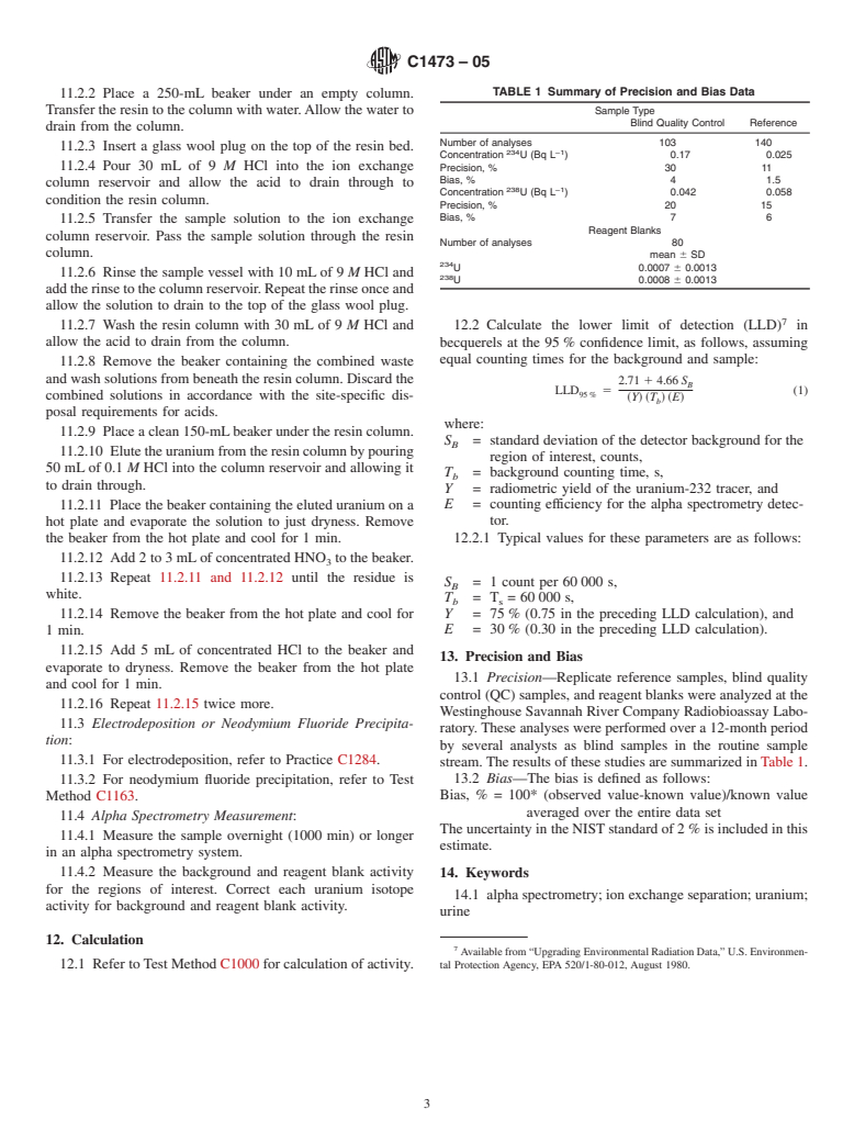 ASTM C1473-05 - Standard Test Method for Radiochemical Determination of Uranium Isotopes in Urine by Alpha Spectrometry