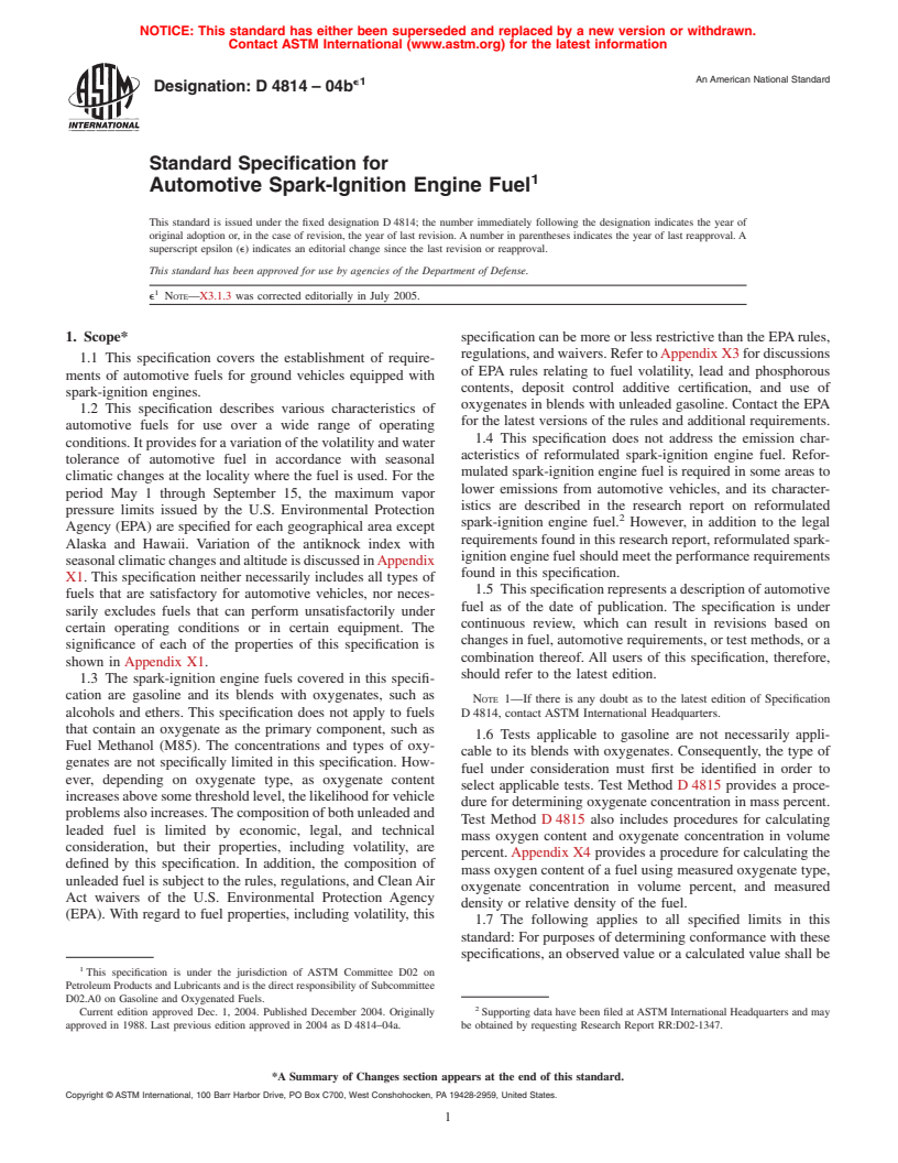 ASTM D4814-04be1 - Standard Specification for Automotive Spark-Ignition Engine Fuel