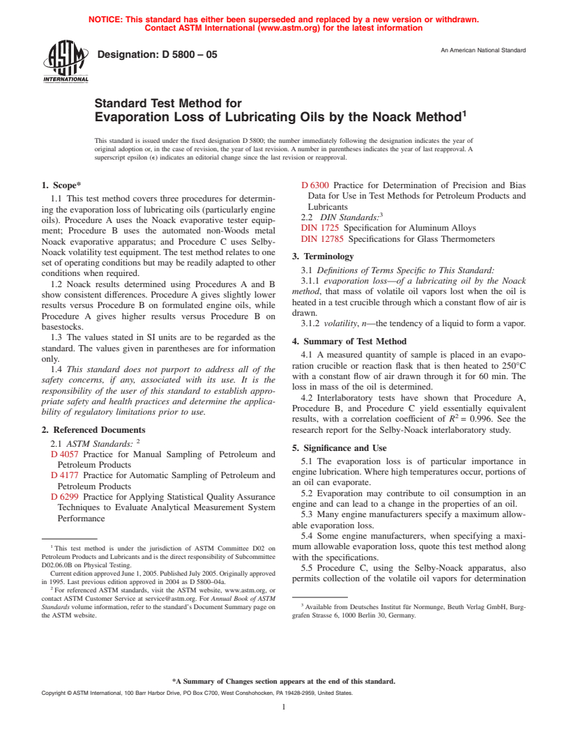 ASTM D5800-05 - Standard Test Method for Evaporation Loss of Lubricating Oils by the Noack Method