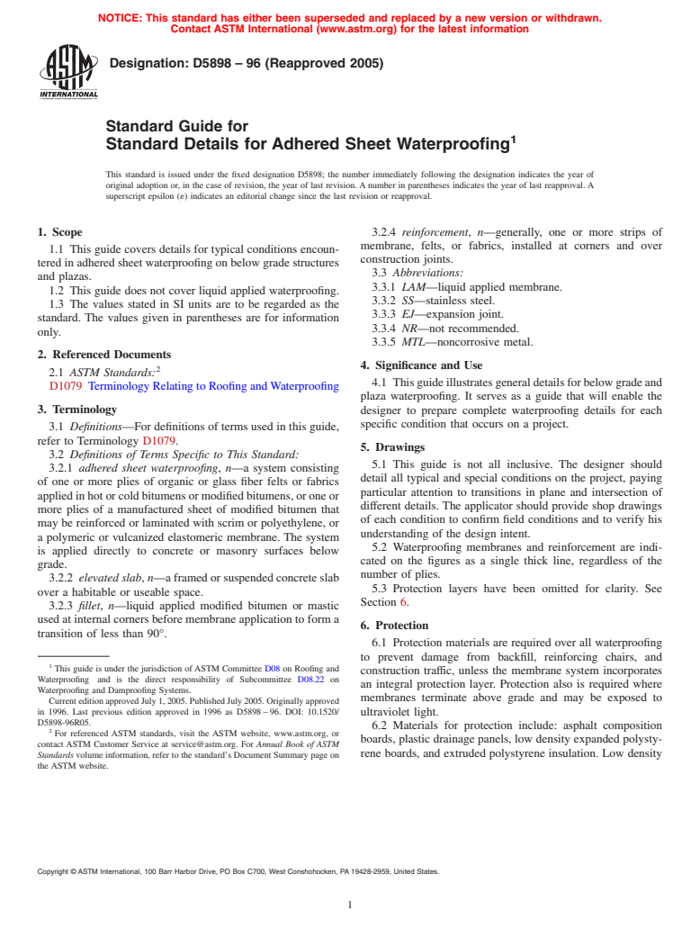 ASTM D5898-96(2005) - Standard Guide for Standard Details for Adhered Sheet Waterproofing