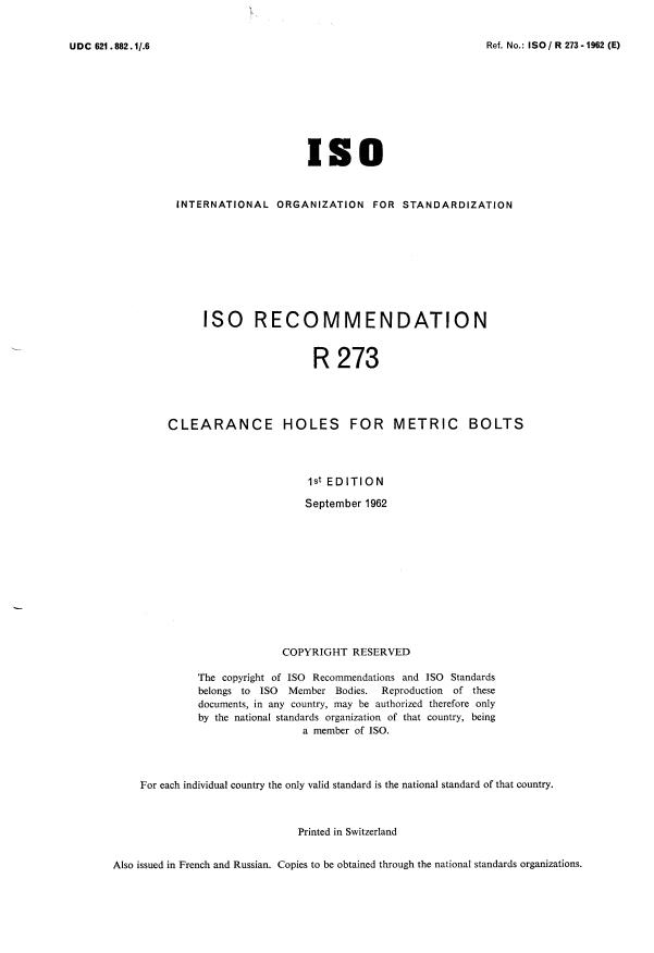 ISO/R 273-1:1962 - Withdrawal of ISO/R 273/1-1962