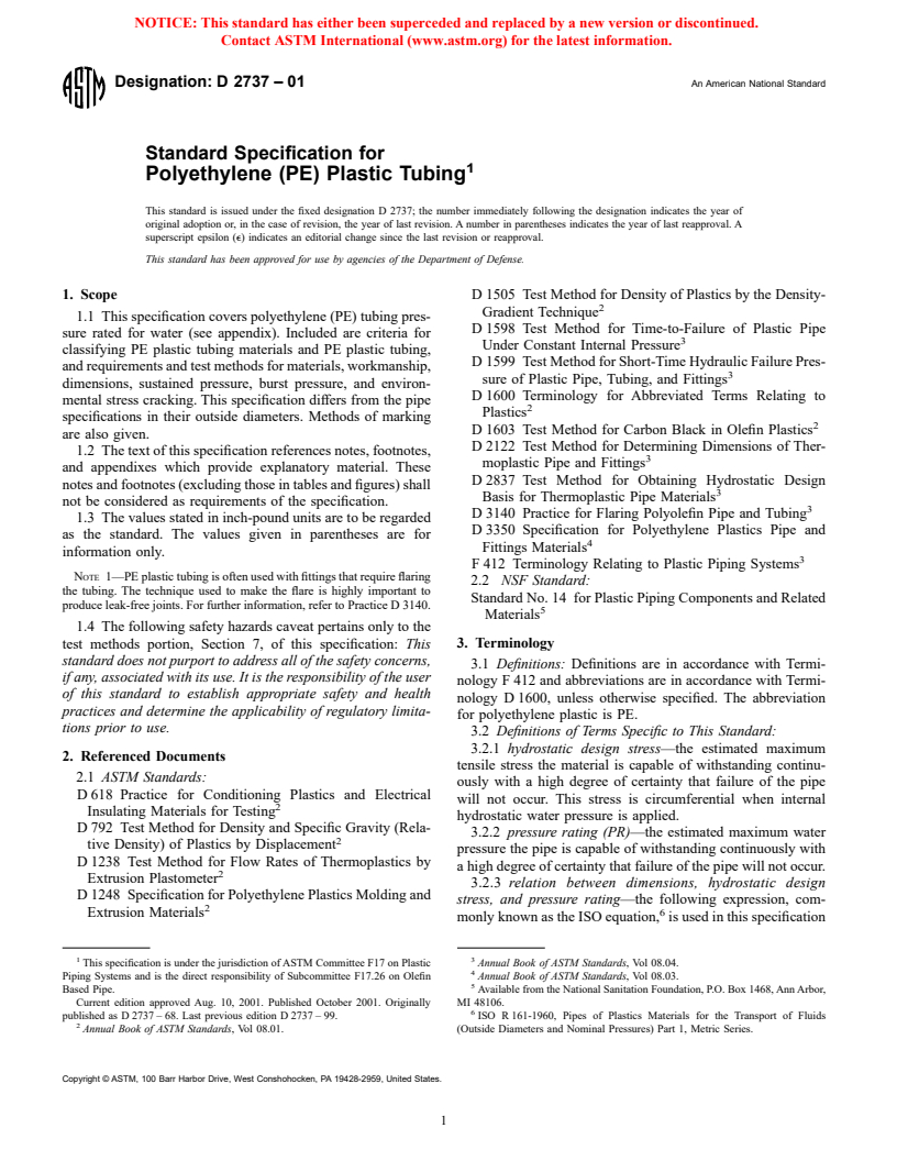 ASTM D2737-01 - Standard Specification for Polyethylene (PE) Plastic Tubing