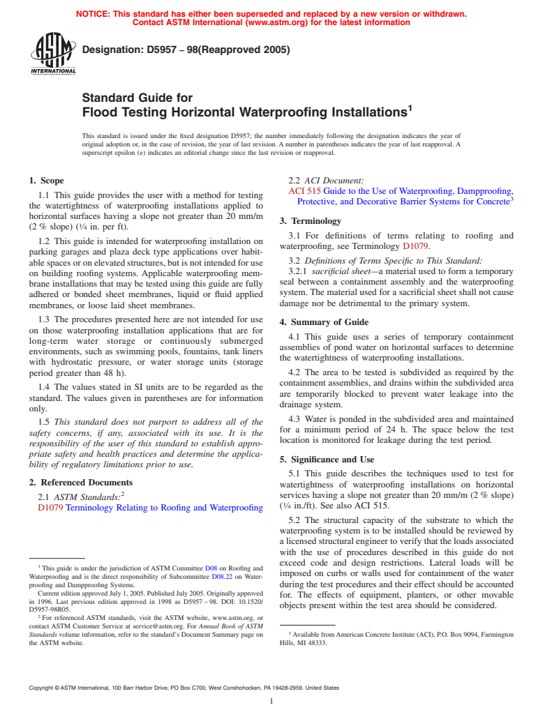 ASTM D5957-98(2005) - Standard Guide for Flood Testing Horizontal Waterproofing Installations