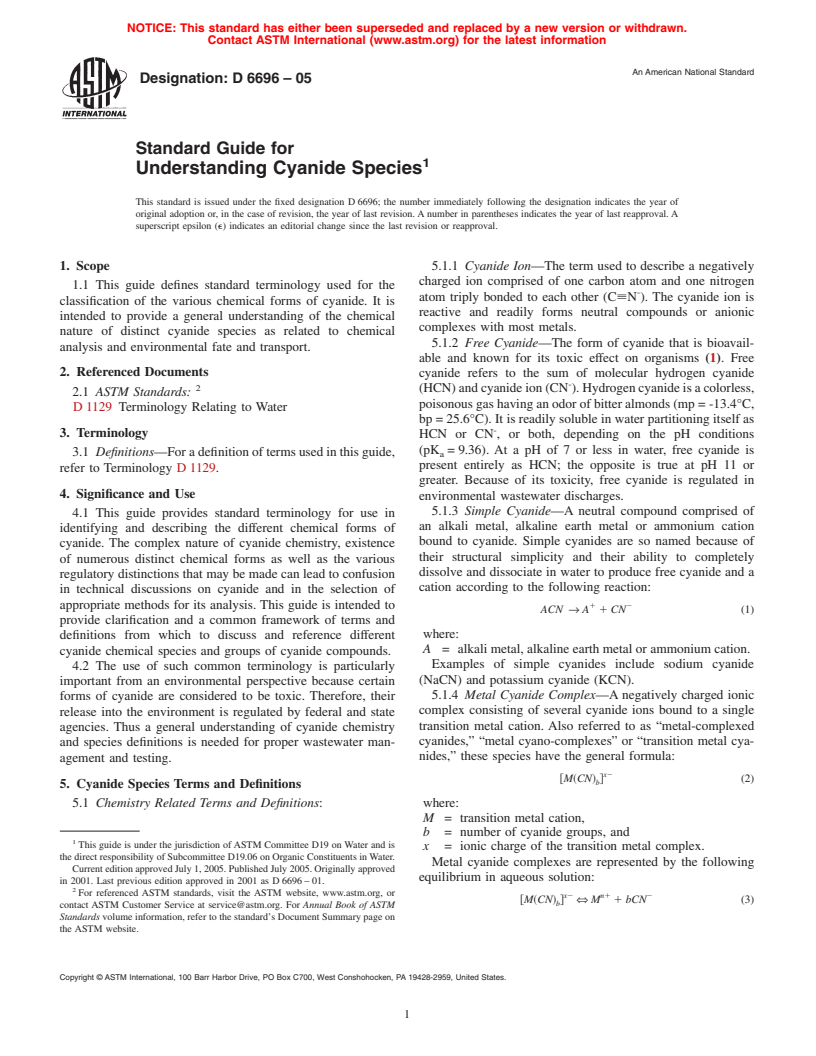 ASTM D6696-05 - Standard Guide for Understanding Cyanide Species