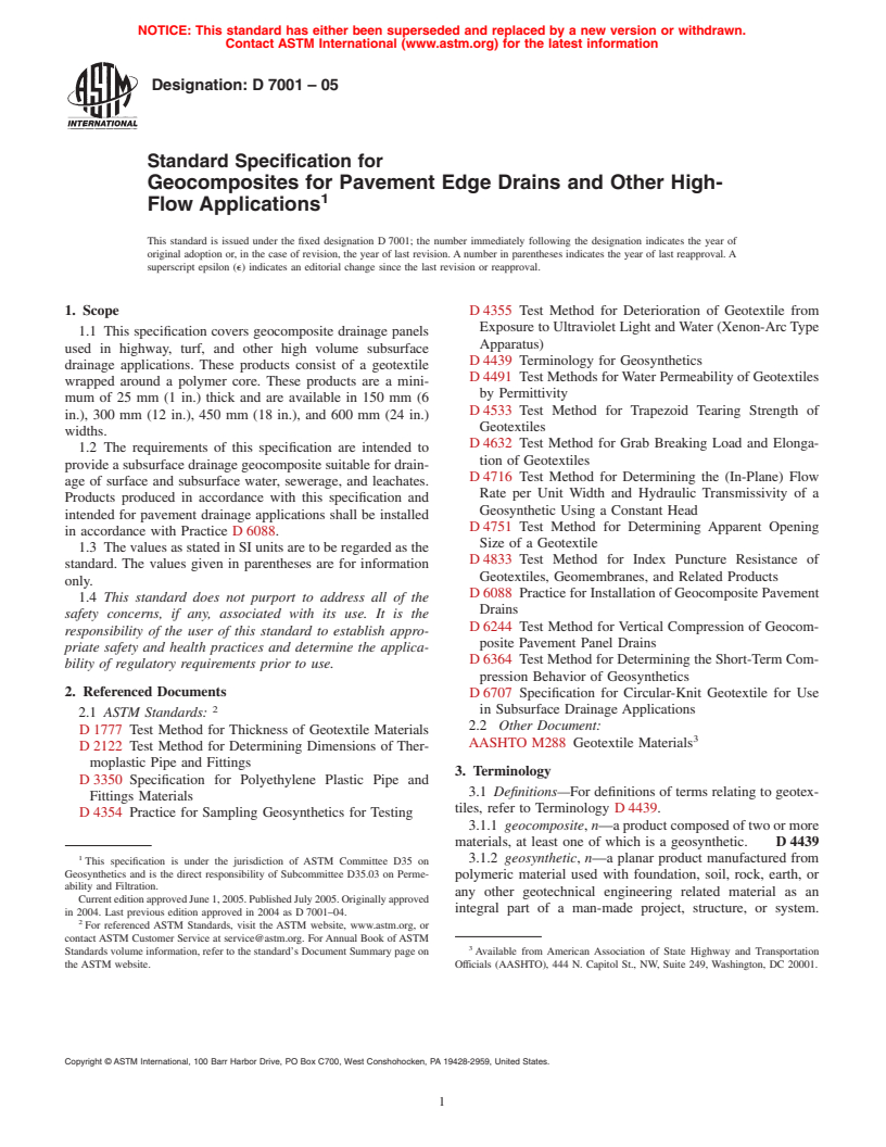 ASTM D7001-05 - Standard Specification for Geocomposites for Pavement Edge Drains and Other High-Flow Applications