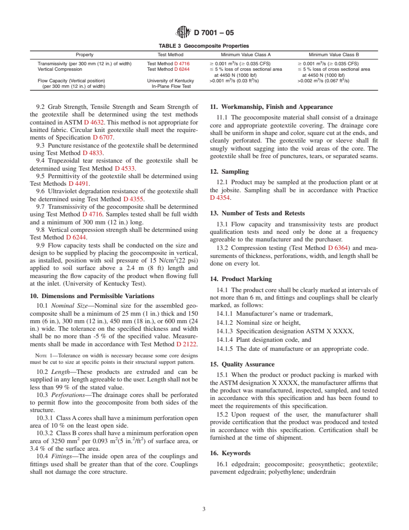 ASTM D7001-05 - Standard Specification for Geocomposites for Pavement Edge Drains and Other High-Flow Applications