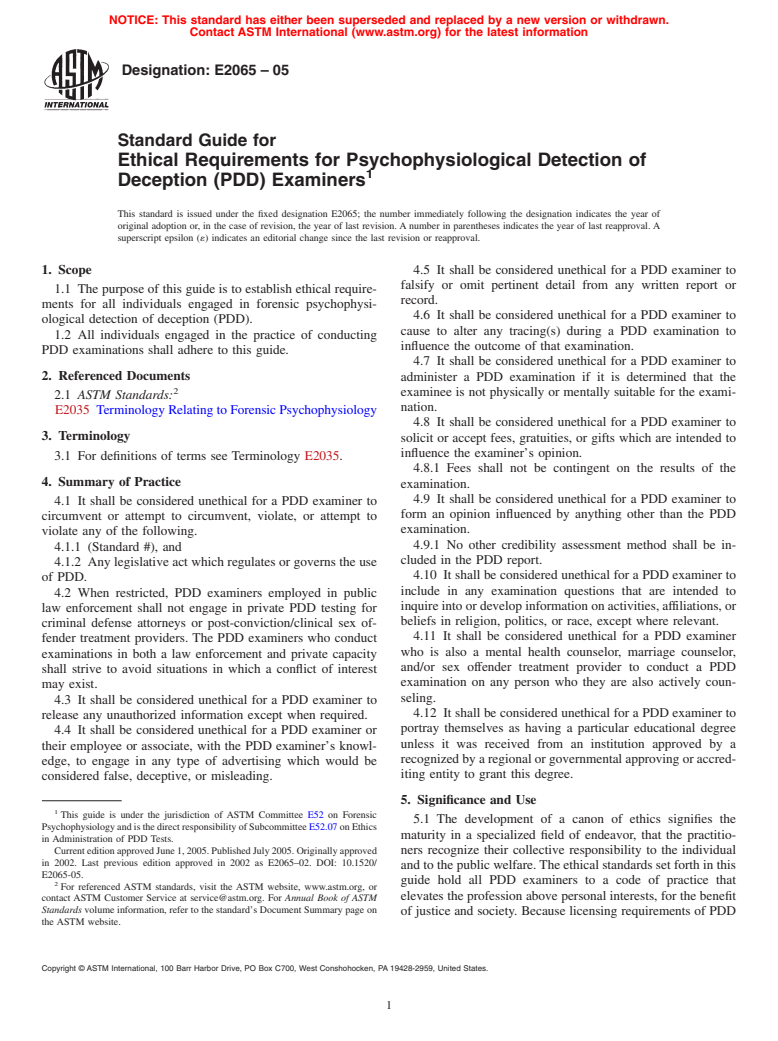 ASTM E2065-05 - Standard Guide for Ethical Requirements for Psychophysiological Detection of Deception (PDD) Examiners