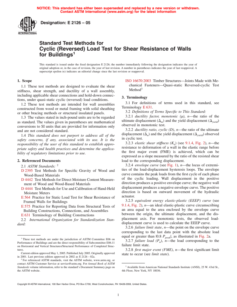 ASTM E2126-05 - Standard Test Methods for Cyclic (Reversed) Load Test for Shear Resistance of Walls for Buildings