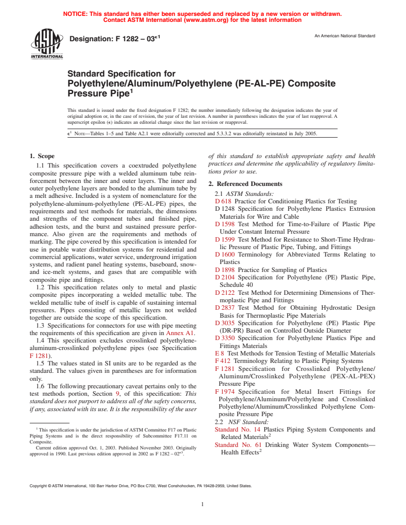 ASTM F1282-03e1 - Standard Specification for Polyethylene/Aluminum/Polyethylene (PE-AL-PE) Composite Pressure Pipe