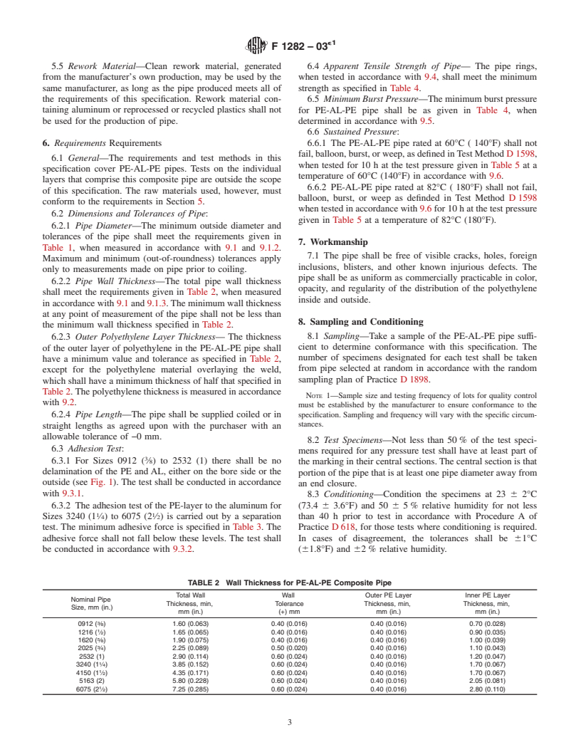 ASTM F1282-03e1 - Standard Specification for Polyethylene/Aluminum/Polyethylene (PE-AL-PE) Composite Pressure Pipe