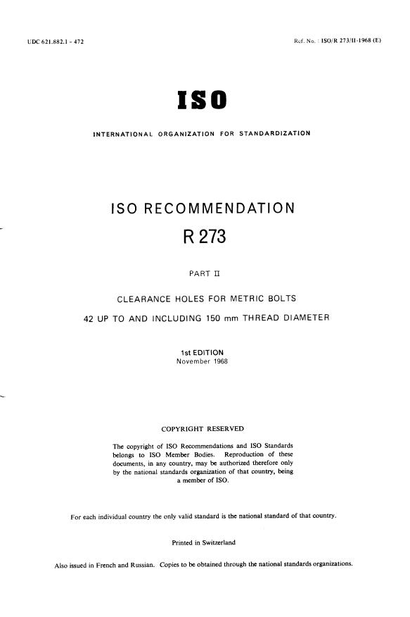 ISO/R 273-2:1968 - Withdrawal of ISO/R 273/2-1968