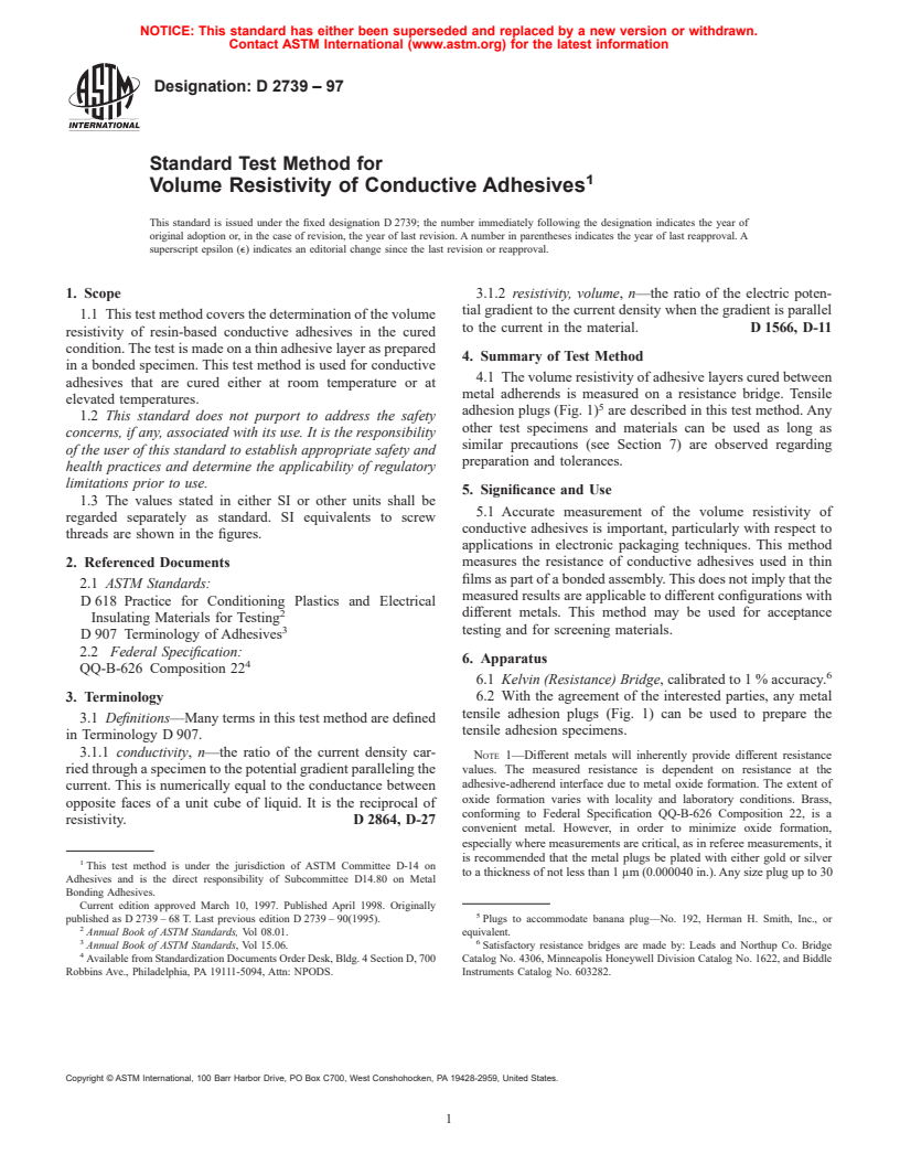 ASTM D2739-97 - Standard Test Method for Volume Resistivity of Conductive Adhesives