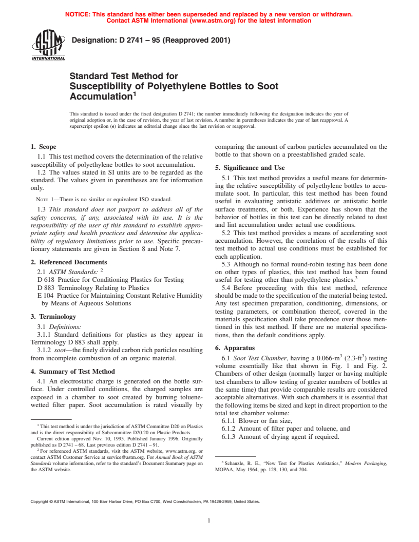 ASTM D2741-95(2001) - Standard Test Method for Susceptibility of Polyethylene Bottles to Soot Accumulation