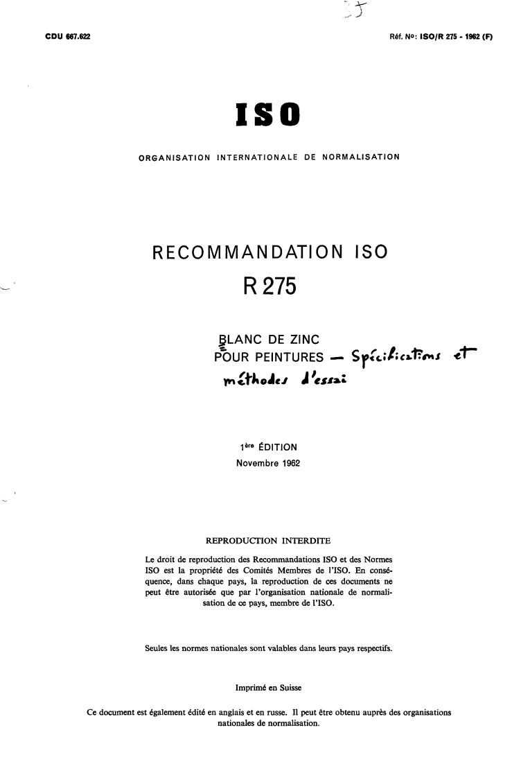 ISO/R 275:1962 - Withdrawal of ISO/R 275-1962
Released:11/1/1962