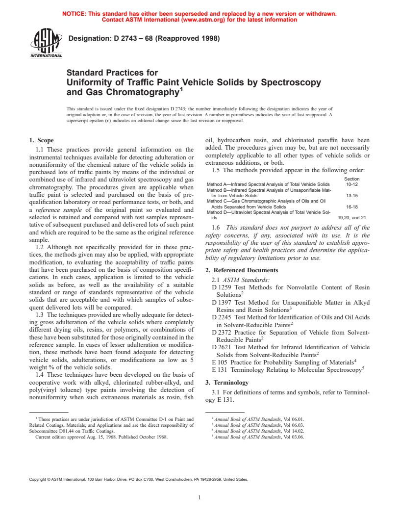 ASTM D2743-68(1998) - Standard Practices for Uniformity of Traffic Paint Vehicle Solids by Spectroscopy and Gas Chromatography