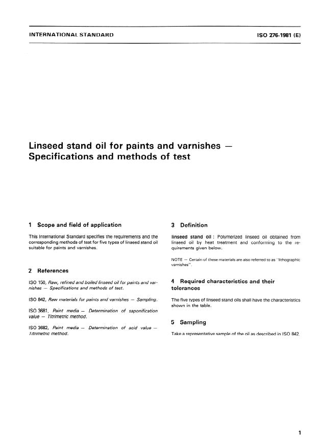 ISO 276:1981 - Linseed stand oil for paints and varnishes -- Specifications and methods of test