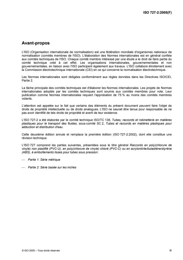 ISO 727-2:2005 - Raccords en poly(chlorure de vinyle) non plastifié (PVC-U), en poly(chlorure de vinyle) chloré (PVC-C) ou en acrylonitrile/butadiene/styrene (ABS), a emboîtements lisses pour tubes sous pression