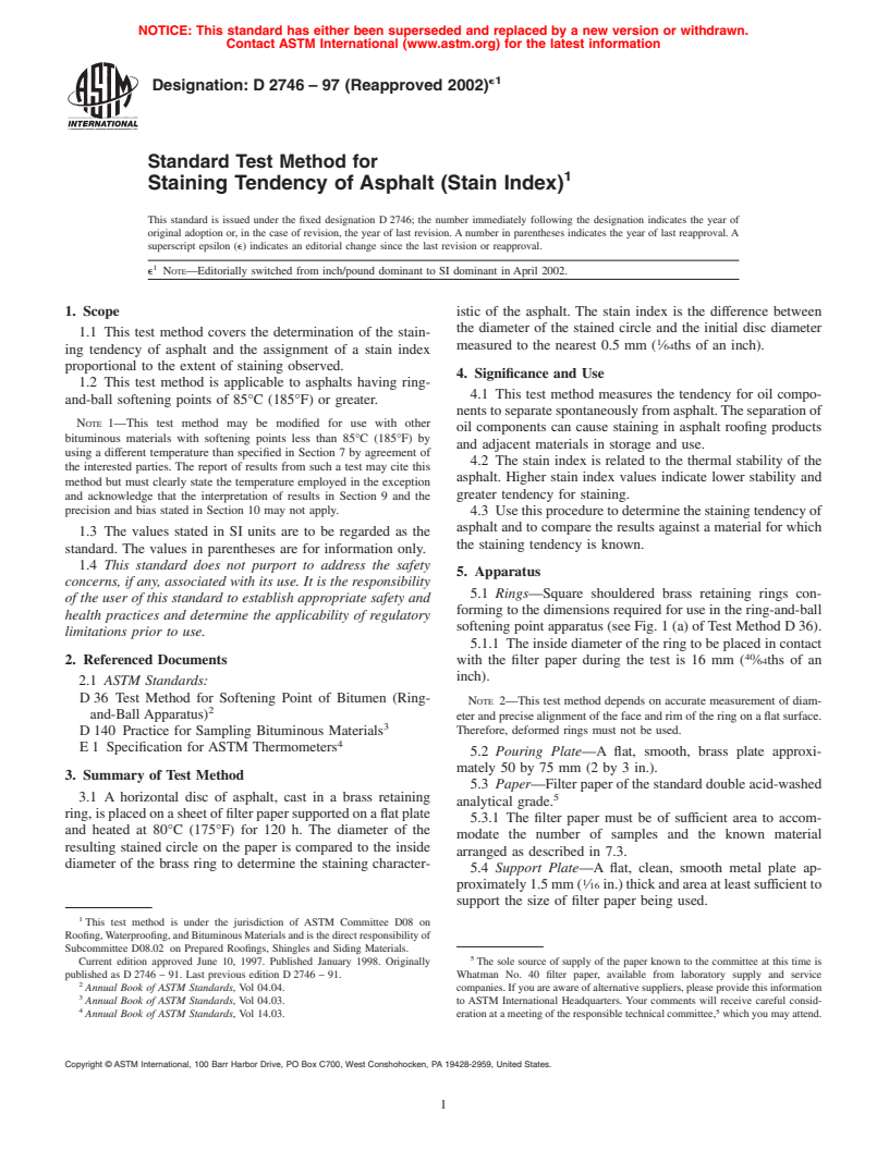 ASTM D2746-97(2002)e1 - Standard Test Method for Staining Tendency of Asphalt (Stain Index)