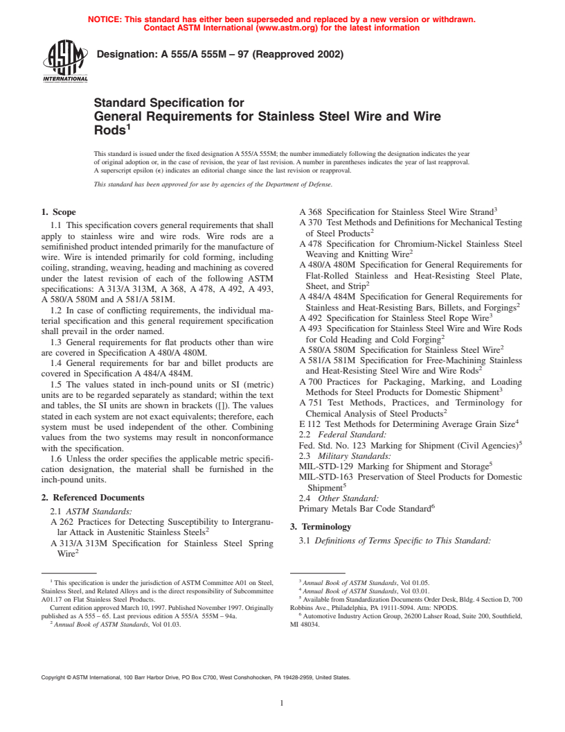 ASTM A555/A555M-97(2002) - Standard Specification for General Requirements for Stainless Steel Wire and Wire Rods