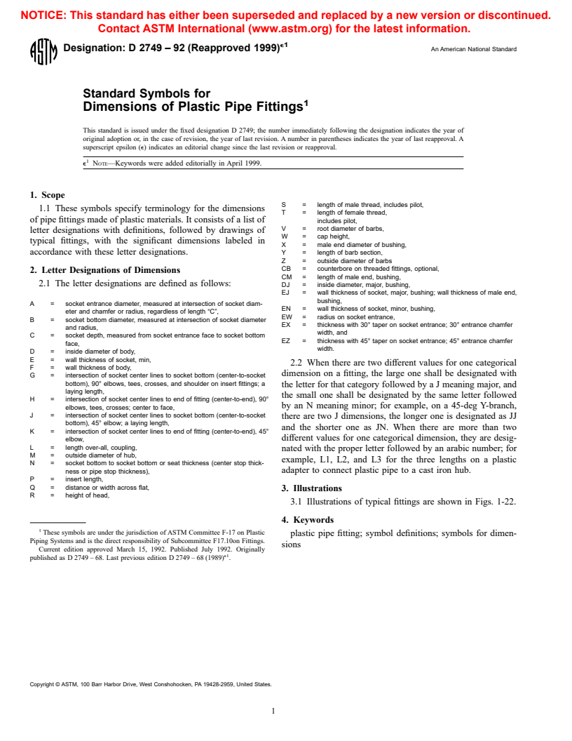 ASTM D2749-92(1999)e1 - Standard Symbols for Dimensions of Plastic Pipe Fittings