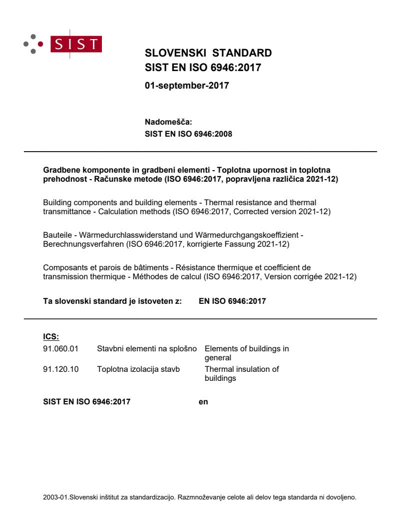 EN ISO 6946:2017 - popravljena različica (osnova ISO 6946:2017, Corrected version 2021-12)