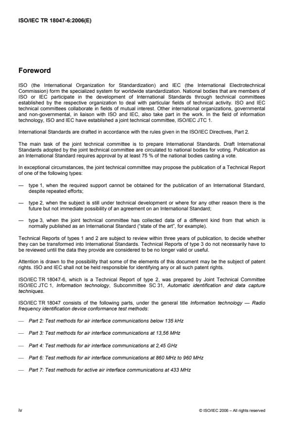 ISO/IEC TR 18047-6:2006 ISO/IEC TR 18047-6:2006 - Information technology -- Radio frequency identification device conformance test methods - Page 4 preview