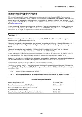SIST EN 305 550-2 V 1.2.1:2014 ETSI EN 305 550-2 V1.2.1 (2014-10) - Electromagnetic compatibility and Radio spectrum Matters (ERM); Short Range Devices (SRD); Radio equipment to be used in the 40 GHz to 246 GHz frequency range; Part 2: Harmonized EN covering the essential requirements of article 3.2 of the R&TTE Directive - Page 4 preview
