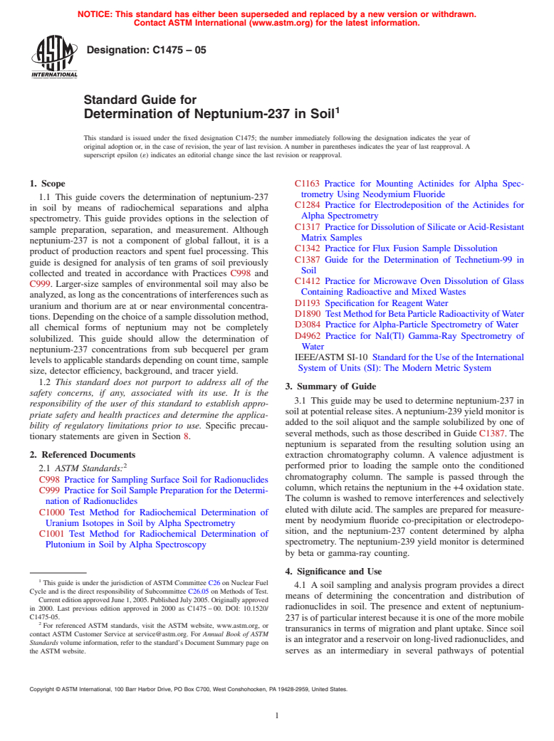 ASTM C1475-05 - Standard Guide for Determination of Neptunium-237 in Soil