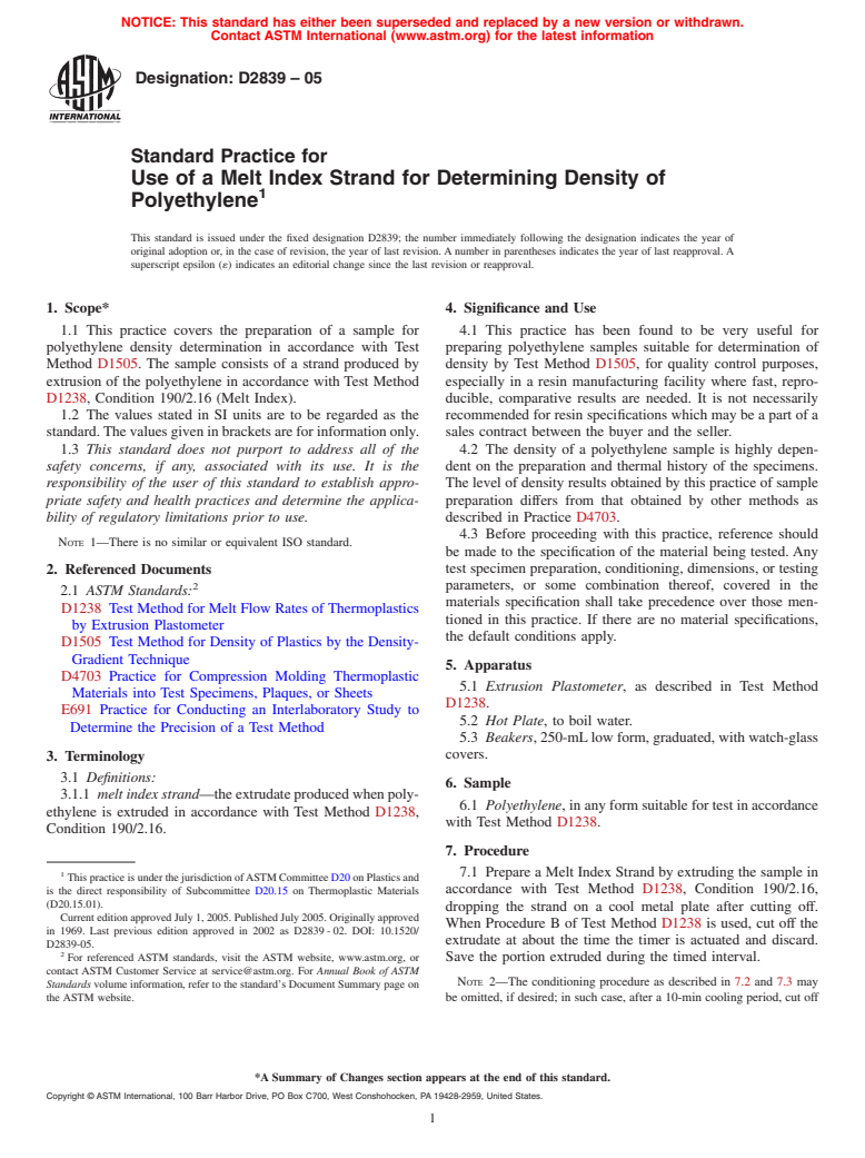 ASTM D2839-05 - Standard Practice for Use of a Melt Index Strand for Determining Density of Polyethylene