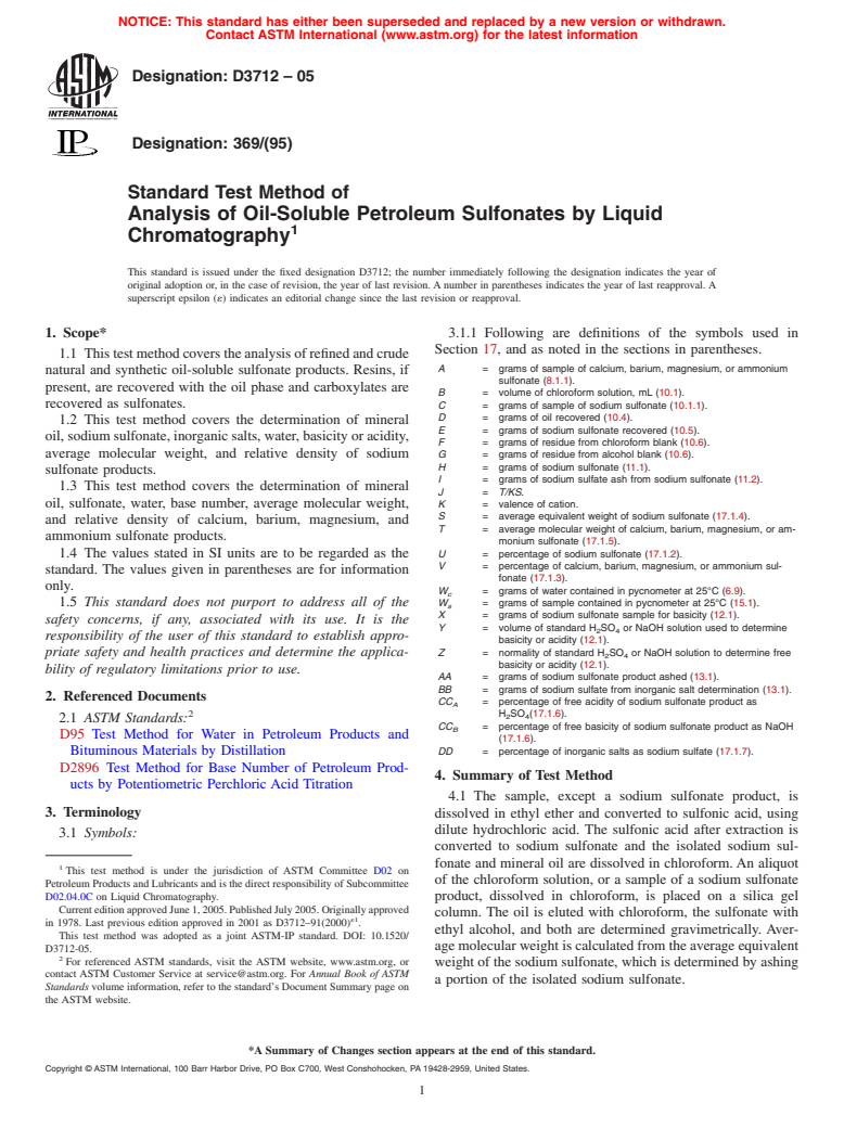 ASTM D3712-05 - Standard Test Method of Analysis of Oil-Soluble Petroleum Sulfonates by Liquid Chromatography