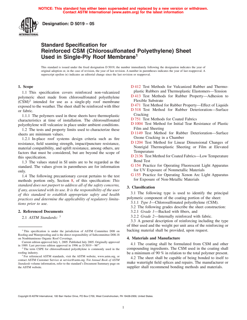 ASTM D5019-05 - Standard Specification for Reinforced CSM (Chlorosulfonated Polyethylene) Sheet Used in Single-Ply Roof Membrane