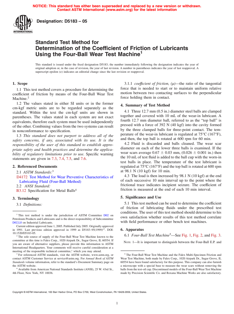 ASTM D5183-05 - Standard Test Method for Determination of the Coefficient of Friction of Lubricants Using the Four-Ball Wear Test Machine