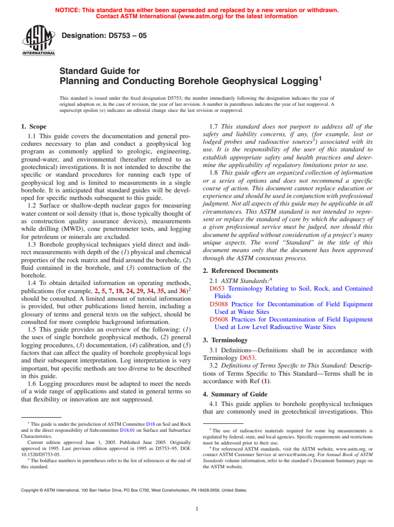 ASTM D5753-05 - Standard Guide for Planning and Conducting Borehole Geophysical Logging