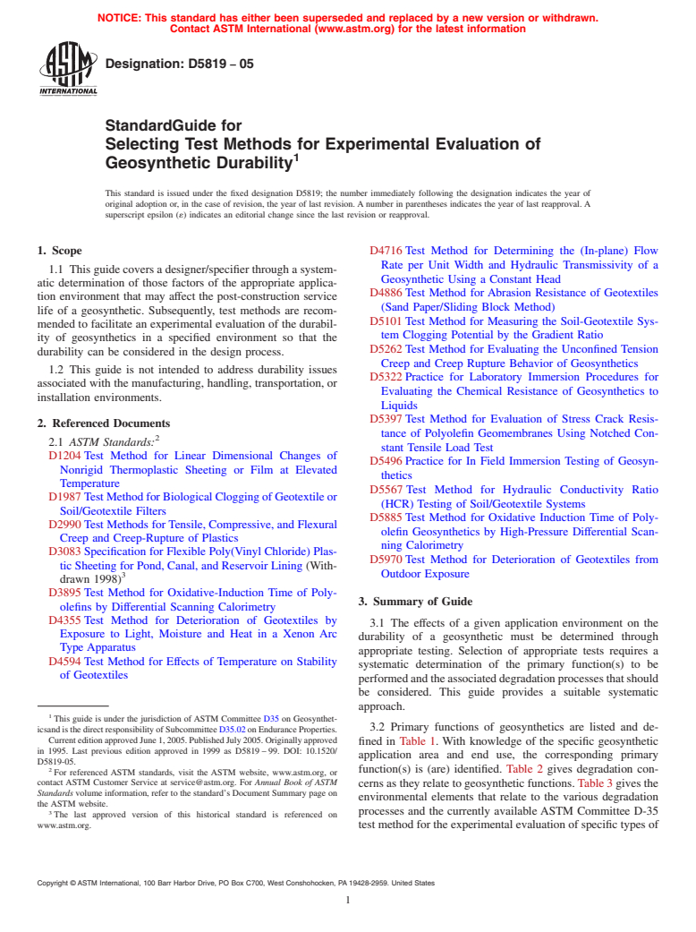 ASTM D5819-05 - Standard Guide for Selecting Test Methods for Experimental Evaluation of Geosynthetic Durability