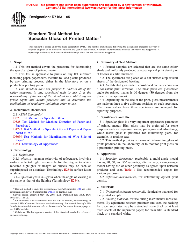 ASTM D7163-05 - Standard Test Method for Specular Gloss of Printed Matter