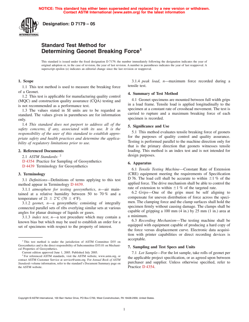 ASTM D7179-05 - Standard Test Method for Determining Geonet Breaking Force