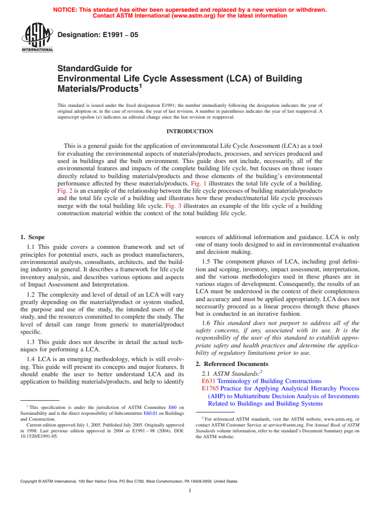 ASTM E1991-05 - Standard Guide for Environmental Life Cycle Assessment (LCA) of Building Materials/Products (Withdrawn 2014)