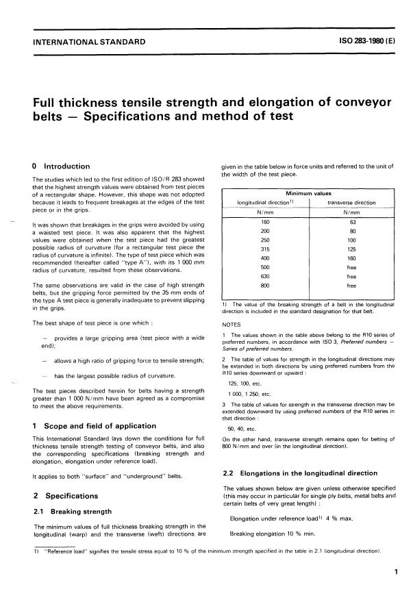 ISO 283:1980 - Full thickness tensile strength and elongation of conveyor belts -- Specifications and method of test