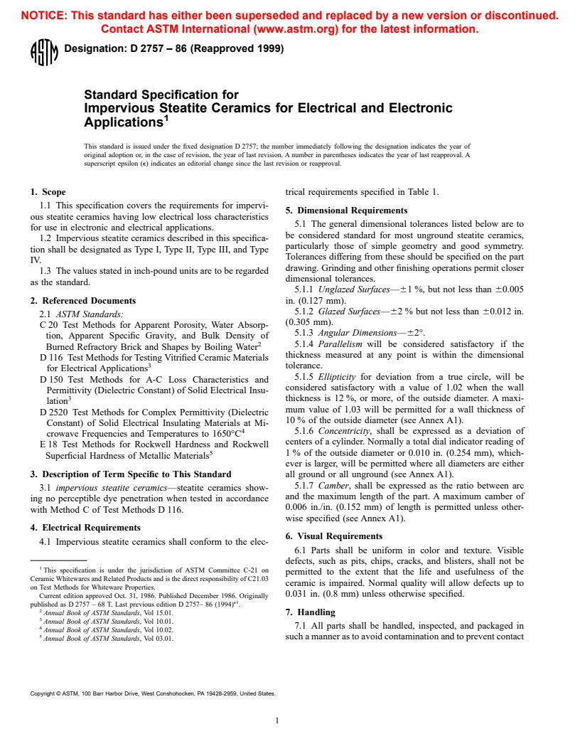 ASTM D2757-86(1999) - Standard Specification for Impervious Steatite Ceramics for Electrical and Electronic Applications (Withdrawn 2001)