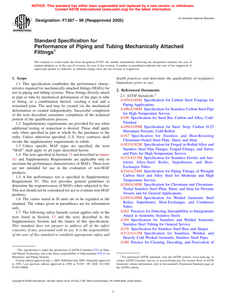 ASTM F1387-99(2005) - Standard Specification for Performance of Piping and Tubing Mechanically Attached Fittings