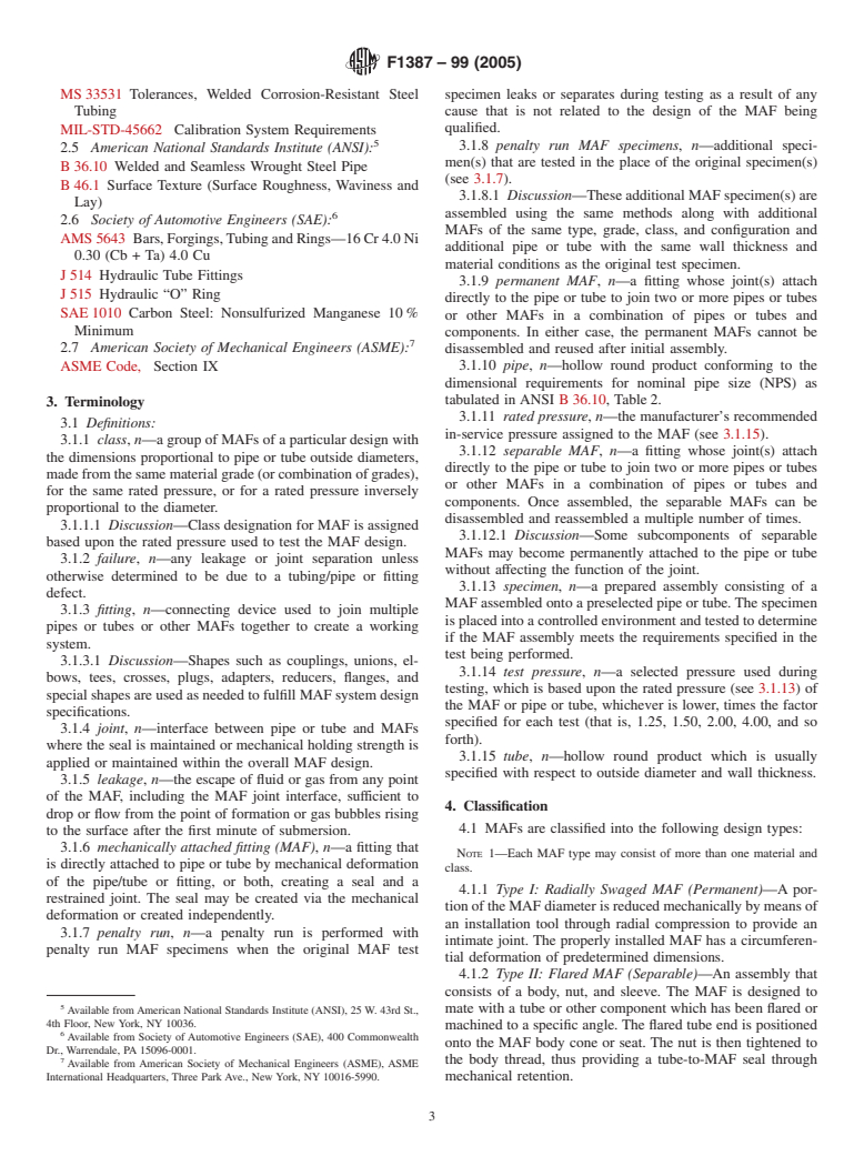 ASTM F1387-99(2005) - Standard Specification for Performance of Piping and Tubing Mechanically Attached Fittings