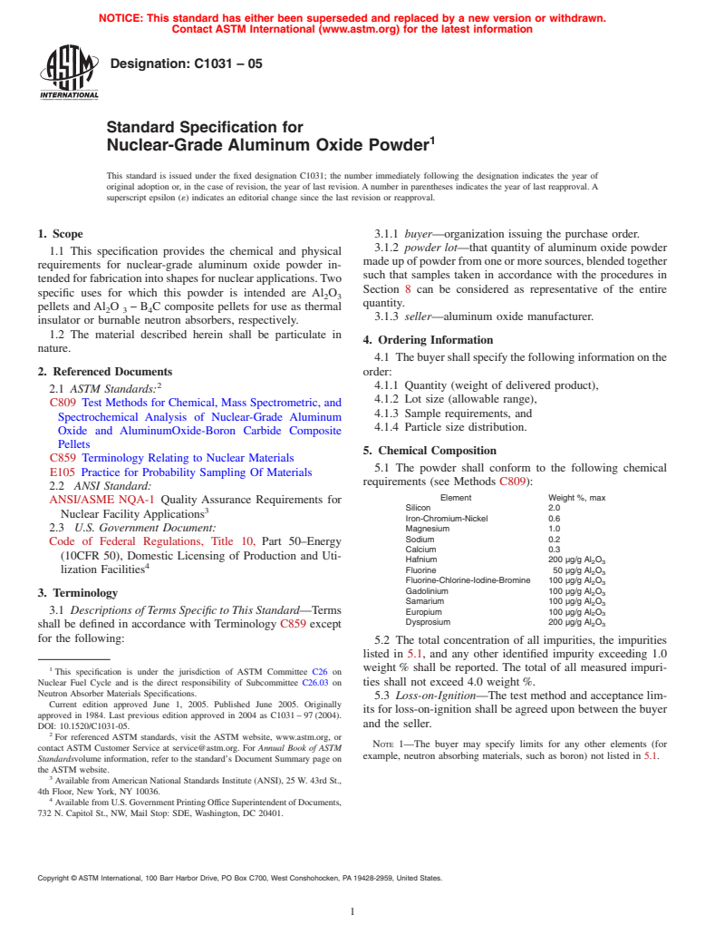 ASTM C1031-05 - Standard Specification for Nuclear-Grade Aluminum Oxide Powder